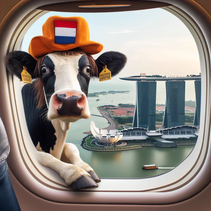 A cow wearing a Dutch hat is traveling to Singapore. The Dutch cow is the logo of the GroNLP group.