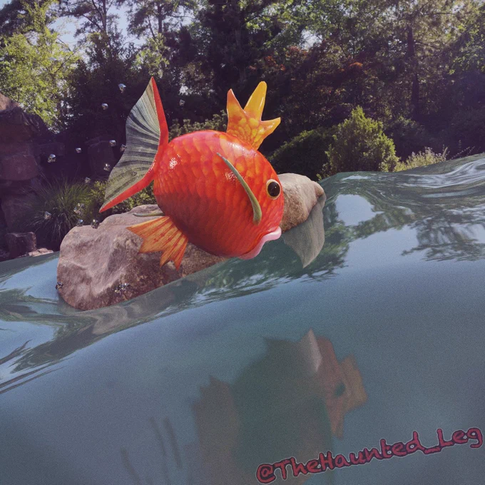 The useless fish Pokémon Magikarp mid jump in a secluded pond