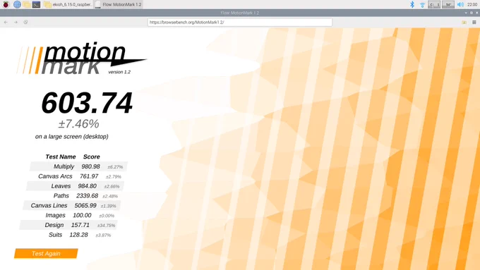 Flow running MotionMark on the Raspberry Pi 5 (under Wayland), scoring 603.74.