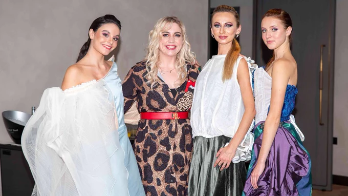 Carina Pratt (second left) with models wearing her designs. Recycled materials including bicycle gear wire and old wedding dresses were used in the collection, which is called Redefined Through Time and was for was Carina’s MA End of year Major project. Models left to right are Lisa Pilbrow, Snizhana Sydoriak and Esmeralda Sydoriak.
