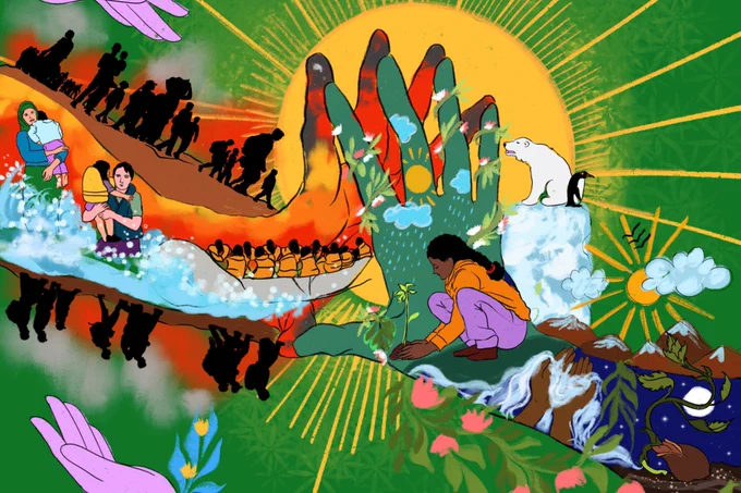 two hands: one representing climate and one representing migration, touching with the sun in the background