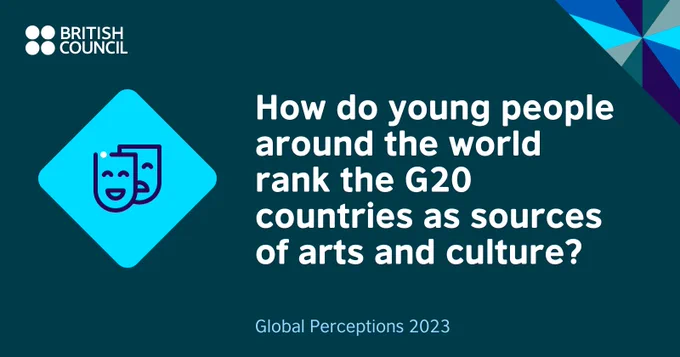 Image 1: An icon of two theatre masks- one with a happy face, one without- accompanied by text that reads ‘ How do young people around the world rank the G20 countries as a source of arts and culture?'.