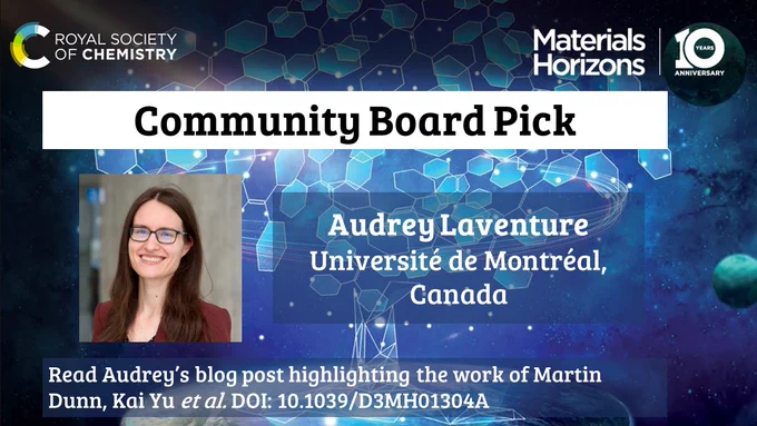 Promotional slide featuring a photo of Materials Horizons Community Board member Audrey Laventure from the University of Montreal, Canada