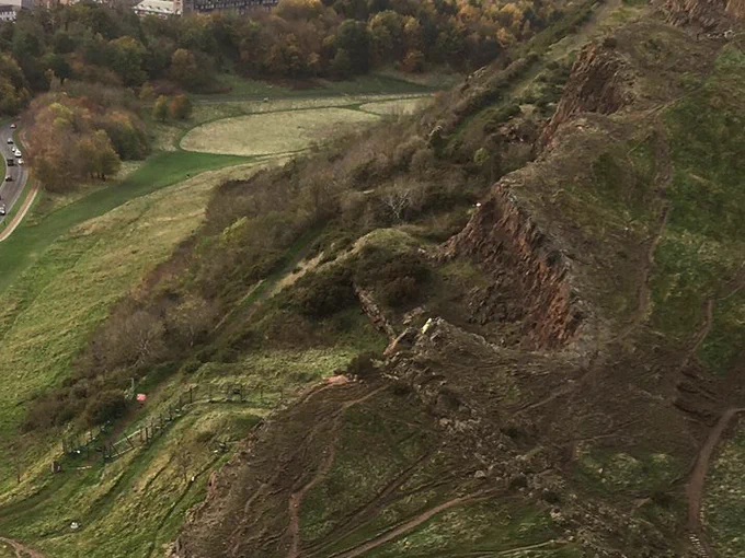 An aerial view of the fences beneath Salisbury Crags