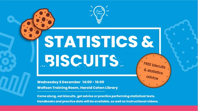 Advert for Statistics & Biscuits event.

Sky Blue background with Statistics & Biscuits written in white font and cartoon biscuits.