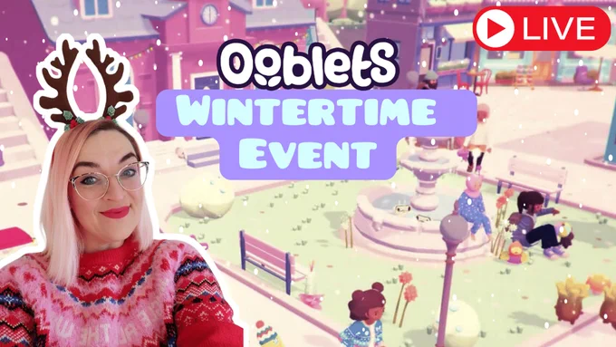 A photo of Vicki looking very festive. She wears a festive antler headband and a pink and red christmas jumper. The background is a screenshot from Ooblets at winter, dressed in holiday decorations with snowfall. The title says Ooblets Wintertime Event and there is a button in the top right that is red with the word LIVE.