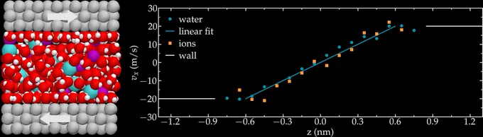 Left: electrolyte confined in a nanopore. Right: Velocity profile of both water and salt under shearing.