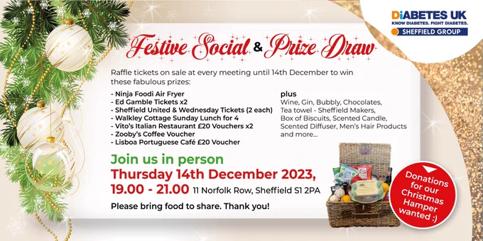 List of some of the many raffle prizes available at the Sheffield Diabetes UK Group prize draw on Thursday 14th December from 7pm at 11 Norfolk Row, S1 2PA. Photo of a representative food hamper and some Spruce tree decoration and white and gold baubles with pretty tinsel. 
