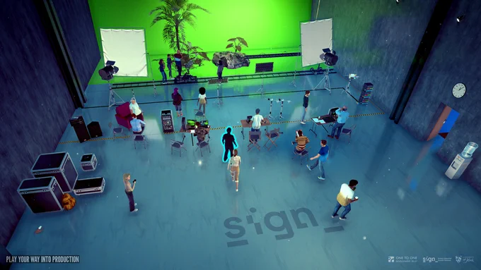 A screen shot from the video game, showing people on a production set