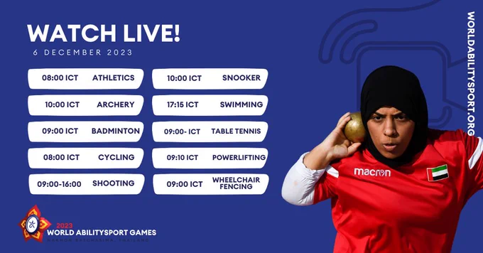 Athletics 08:00 ICT
Archery 10:00 ICT
Badminton 09:00  ICT
Cycling 08:00  ICT
Shooting 09:00  ICT
Snooker 10:00  ICT
Swimming 17:15 ICT
Table tennis 09:00 ICT
Powerlifting 09:10 ICT
Wheelchair Fencing 09:00 ICT