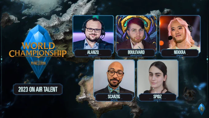 A blue-tinted map of Runeterra serves as a background for headshots of the LoR World Championship 2023 on air talent. Each caster has a blue box framing their face and their name and social handle. The top row features: Alanzq/@AlanzqTFT, Boulevard/@BoulevardTCG, and Nekkra/@Nekkra. The second row features: Scarzig/@Scarzig and Spidz/@SpidzWT.