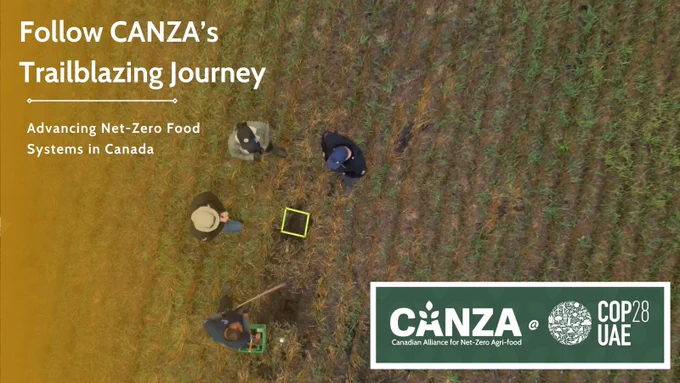 Top view of 4 people doing research in a farm field with logos along the bottom.