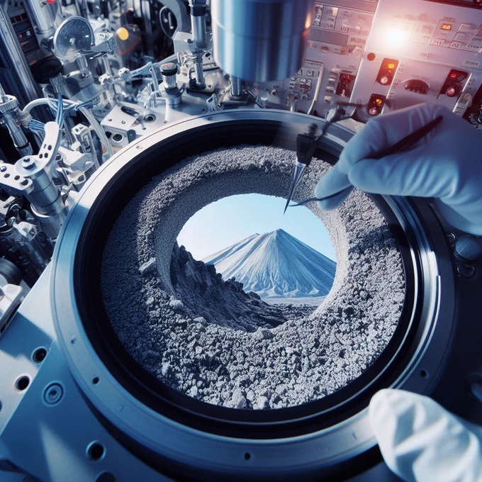 AI generated image showing volcano in the centre of bowl of fine particles (volcanic ash) being inspected by someone wearing lab gloves (only hands visible)