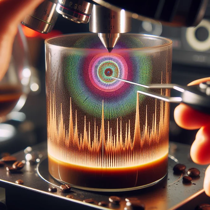 AI generated image showing coffee glass with light scattering pattern in glass above (concentric rings of light here with different colours). there is a hand reaching into the image with tweezers.
