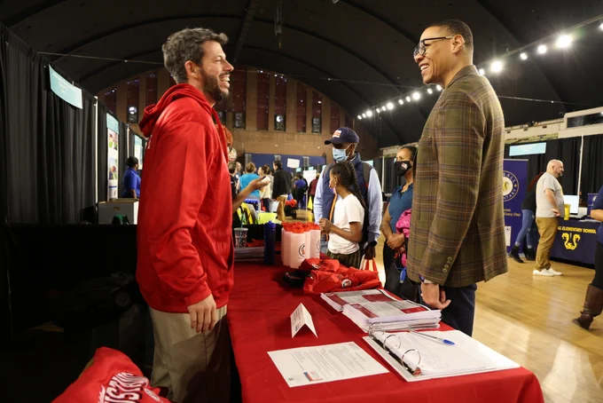 Chancellor Ferebee shares a laugh with Principal Cooke of MacFarland Middle School.