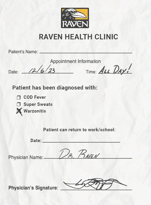 A mock Doctor's note for people calling in sick with "Warzonitis" for the Season 1 launch of Warzone.