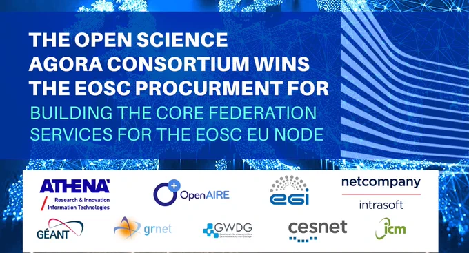 Abstract blue background. In the down part of the image there are the following logos: Athena research center, OpenAIRE, EGI, Intrasoft, GÉANT, Grnet, GWDG, Cesnet, icm. Text: THE OPEN SCIENCE AGORA CONSORTIUM WINS THE EOSC PROCURMENT FOR BUILDING THE CORE FEDERATION SERVICES FOR THE EOSC EU NODE.