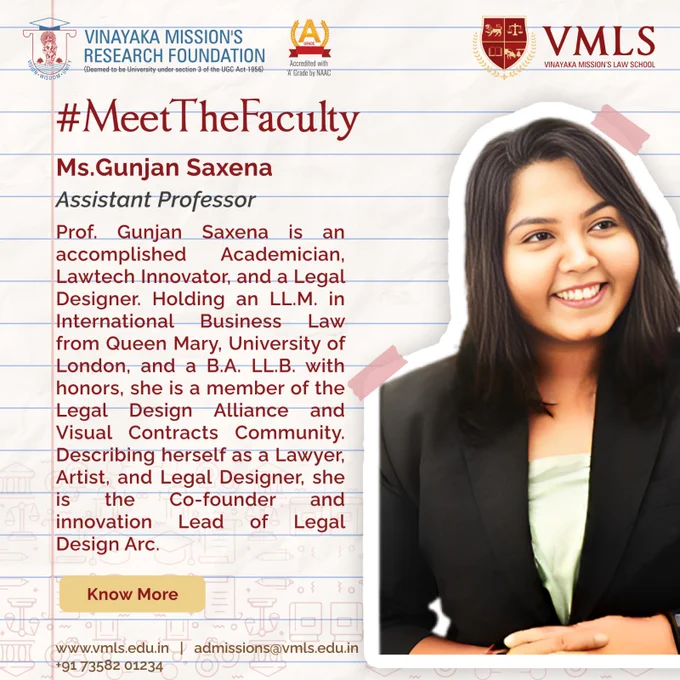 Prof. Gunjan Saxena is an accomplished Academician, Lawtech Innovator, and a Legal Designer. Holding an LL.M. in International Business Law from Queen Mary, University of London, and a B.A. LL.B. with honors, she is a member of the Legal Design Alliance and Visual Contracts Community. Describing herself as a Lawyer, Artist, and Legal Designer, she is the Co-founder and innovation Lead of Legal Design Arc.

