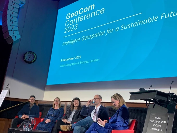 Panel session at GeoComm Conference 2023.  Dr Joe Hillier (far left), Director of Analysis in the Chief Scientist Directorate at Natural England.
