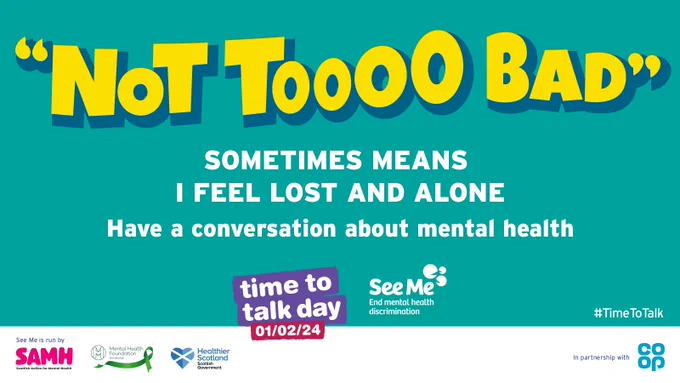 Text: "Not too bad" sometimes means I feel lost and alone. Have a conversation about mental health. 