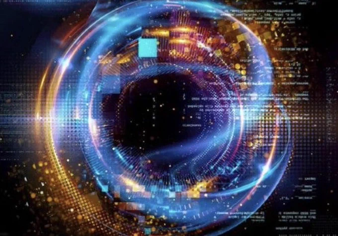 An abstract swirl of blue, white and gold, with cryptic data laid over certain elements to simulate quantum processes.
