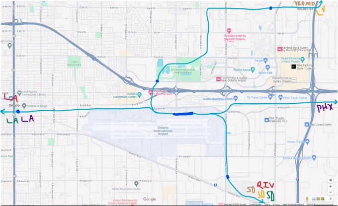 Map of conceptual rail connections at Ontario International Airport . The proposal would reroute Metrolink Riverside Line up Haven Avenue to the Union Pacific Alhambra Subdivision on the north side of the airport where it would share a station with Brightline West extended south from Rancho Cucamonga via Deer Creek (and potentially on to San Diego), CAHSR LA-SD service, and LA-Phoenix HSR service.