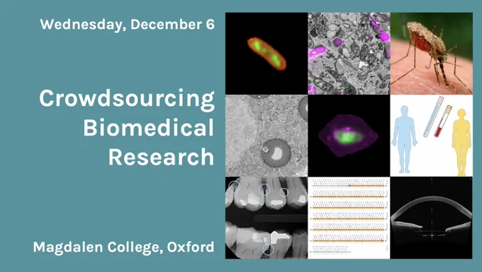 Poster showing 9 panels from different citizen science projects, including images from electron microscopy, fluorescence microscopy, an x-ray, a mosquito and others. The text says: "Wednesday December 6, Crowdsourcing Biomedical Research, Magdelen College, Oxford"