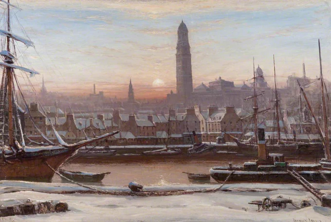 The painting shows showing a Greenock harbour scene set in winter twilight with the Victoria Tower in the centre and the setting sun beyond. In the foreground a snow covered quayside with the harbour and moored vessels beyond.