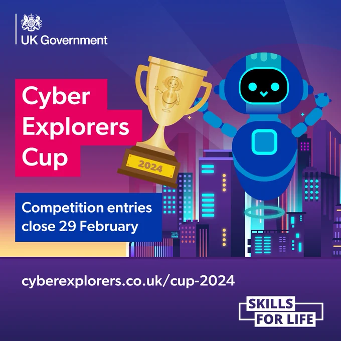 Image of a robot standing with a trophy in front of a city. Text reads: Cyber Explorers Cup. Competition entries close 29 February, and a link to the website.