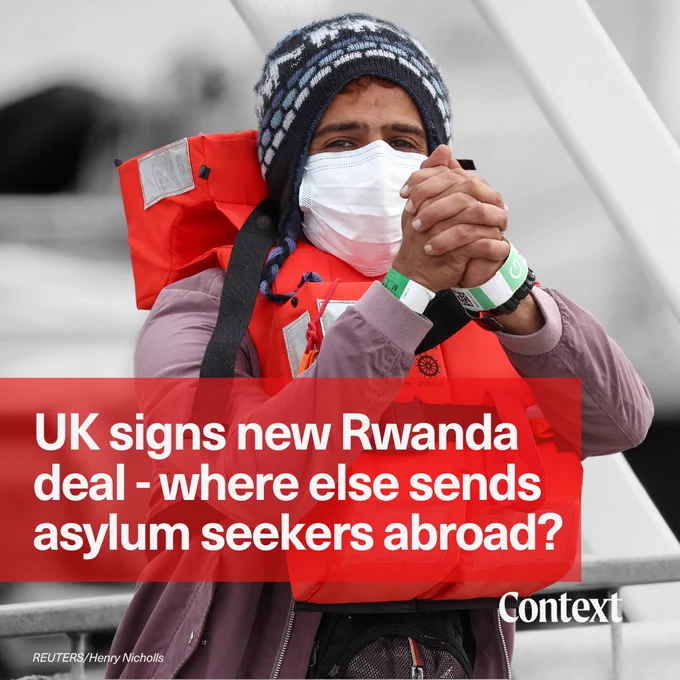 An image of a migrant gesturing while being escorted into Dover harbour, after being rescued while attempting to cross the English Channel, in Dover, Britain. The overlaid headline reads: "UK signs new Rwanda deal - where else sends asylum seekers abroad?"