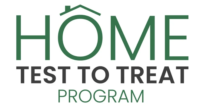Program logo with text Home Test to Treat Program arranged to look like a house with a roof on top of the letter O in home. 