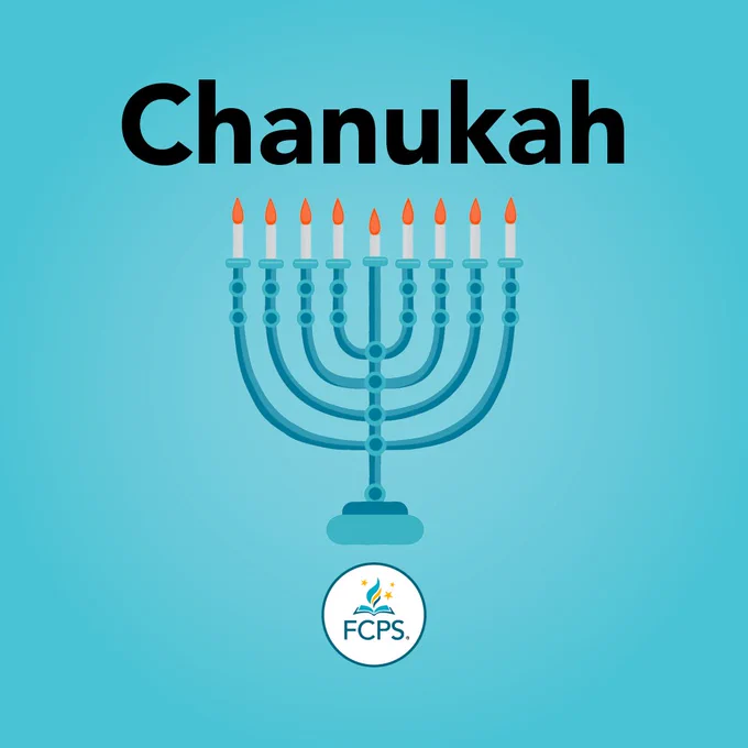 'Chanukah' text on a light blue background with a blue menorah featuring white candles. The FCPS logo is displayed in a white circle at the bottom center of the image.