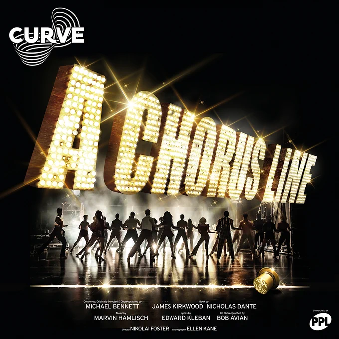 A Chorus Line poster, a line of dancers under a big Chorus Line title in the style of a light