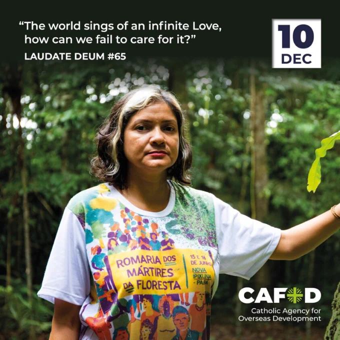 Claudelice pictured in a forest setting.
The text says "The world sings of an infinite Love, how can we fail to care for it?"  
Laudate Deum #65.
