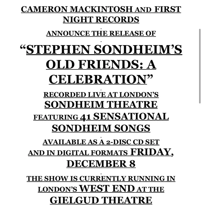 Stephen Sondheim’s Old Friends cast recording coming Friday on digital and as a 2-CD set.