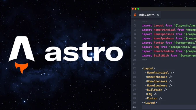 Logo de Astro y al lado código en Visual Studio Code de un archivo index.astro.