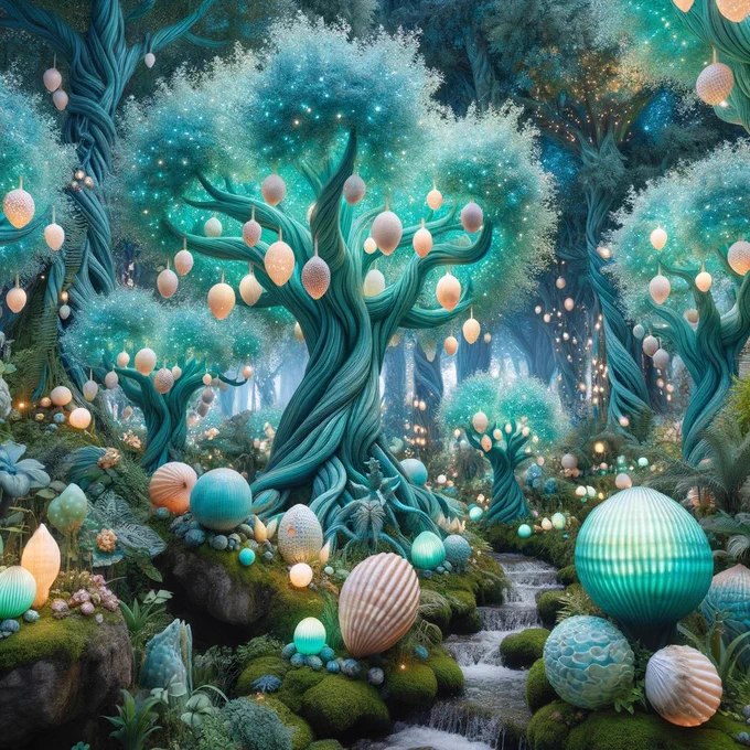 A realistic portrayal of the 'Turquoise Luminous Tree Garden,' with more natural colors and real shell fruits. The trees have a true-to-life turquoise color, glowing subtly in a more natural way. The shell fruits on the trees are depicted as authentic shells, with realistic textures and colors. This version of the garden combines the magical concept with a realistic approach, featuring trees and shells that closely resemble their real-world counterparts. The overall scene is still enchanting but with a focus on realism, showcasing the beauty of nature in a more authentic and believable manner.