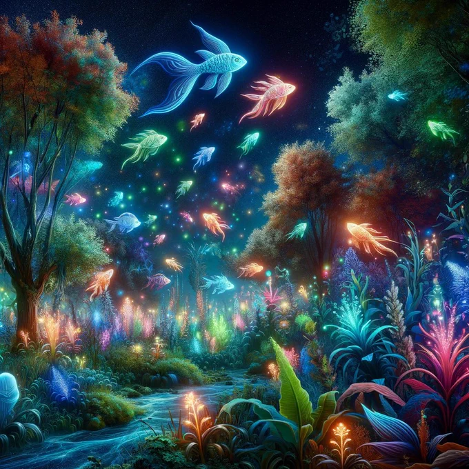 An imaginative depiction of a 'Luminous Fish Garden' on land. This scene features a variety of glowing fish, seemingly swimming through the air among terrestrial plants and trees. The fish are depicted in vibrant, luminous colors, creating an enchanting and magical atmosphere. This terrestrial landscape merges the wonder of an underwater world with the familiarity of a land-based garden, where glowing fish move gracefully among the foliage, creating a surreal and captivating visual.
