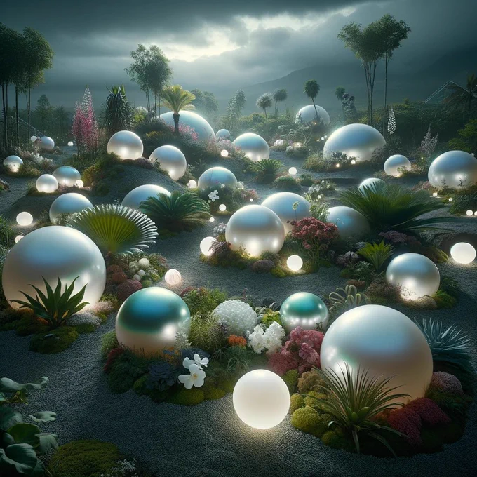 A unique vision of a 'Pearl Garden' on land, showcasing a variety of large, luminous pearls scattered across a terrestrial landscape. These pearls vary in size and emit a soft glow, nestled among an array of land-based plants and flowers. The scene creates a surreal and enchanting atmosphere, with the pearls adding an element of elegance and mystery. This imaginative setting merges the beauty of pearls typically found in the ocean with the natural charm of a garden, creating a visually stunning and whimsical environment.