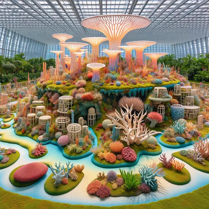 A terrestrial 'Coral Garden of the People,' featuring a land-based coral reef ecosystem. The scene is vivid and colorful, with coral structures in various shapes and sizes, resembling a traditional coral reef but situated on land. The landscape is populated with plants and elements that blend the characteristics of a coral reef with a terrestrial garden. This unique setting creates a whimsical and vibrant atmosphere, symbolizing a harmonious coexistence of marine and terrestrial flora.