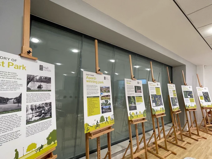 Display boards lined up in a room.