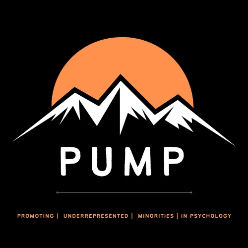 Black logo with mountains and sun in background that reads "PUMP: promoting underrepresented minorities in psychology"