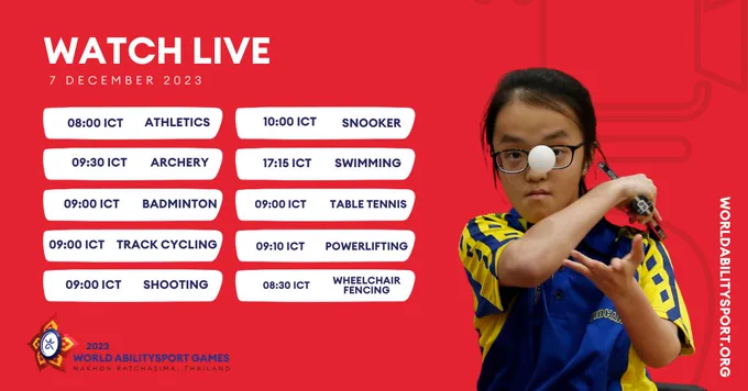 09:00 ICT Athletics
09:30 ICT Archery
09:00 ICT Badminton
09:00 Track cycling
09:00 ICT Shooting
10:00 ICT Snooker
17:15 ICT Swimming
09:00 ICT Table Tennis
09:10 ICT Powerlifting
08:30 ICT Wheelchair fencing