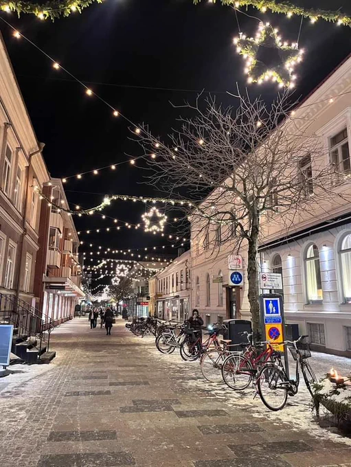 Just a photo of the street with Christmas lights and decorations 