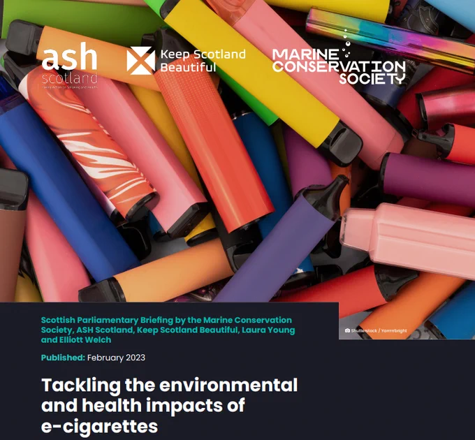 Screenshot of top of parliamentary briefing with lots of coloured disposable vapes and the ASH Scotland, KSB and Marine Conservation Society logos at the top with the title Tackling the environmental and health impacts of e-cigarettes