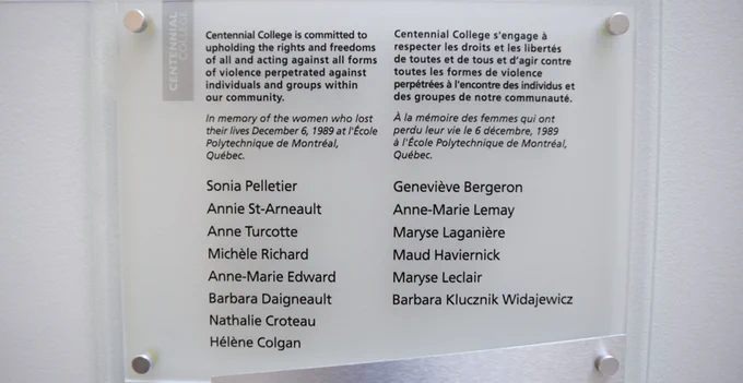 Plaque at Centennial College commemorating the 14 women who lost their lives at l'Ecole Polytechnique de Montreal, Quebec in 1989.