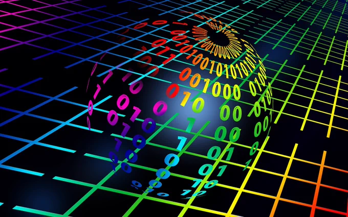 sphere made from rainbow-colored binary code with a rainbow-colored grid background