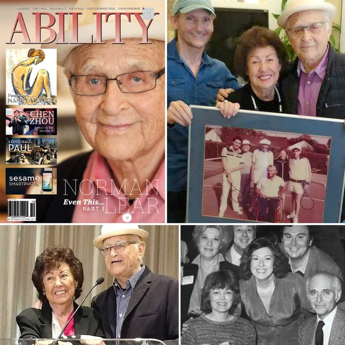 Norman Lear on cover of ABILITY Magazine, Chet Cooper, Fern Field and Norman Lear. Fern giving Norman a nostalgic picture of an epic day on the tennis court, Fern and Norman at @MediaAccessAward and the cast of "Maude".