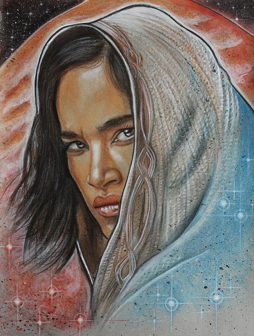 "Sofia Boutella Rebel Moon" Colored pencil over acrylic paint on grey paper.