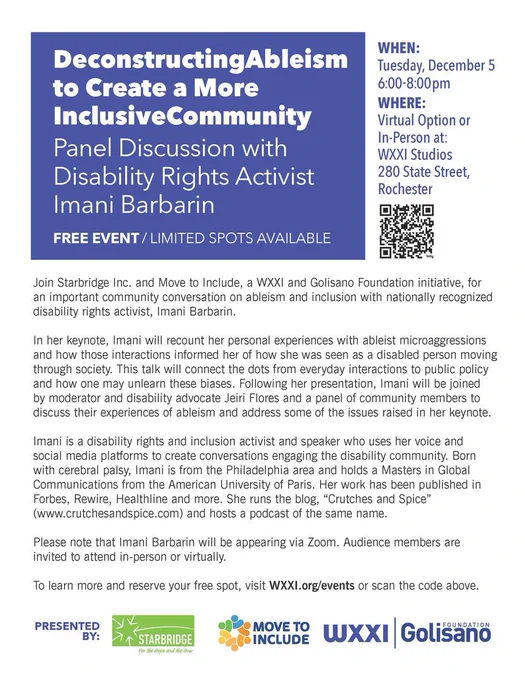 Flyer promoting "Deconstructing Ableism to Create a More Inclusive Community" - Panel Discussion with Disability Rights Activist Imani Barbarin.